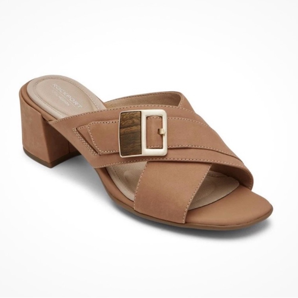 Rockport Alaina Tan Rose suede leather slides heels mules wood grain buckle 10
